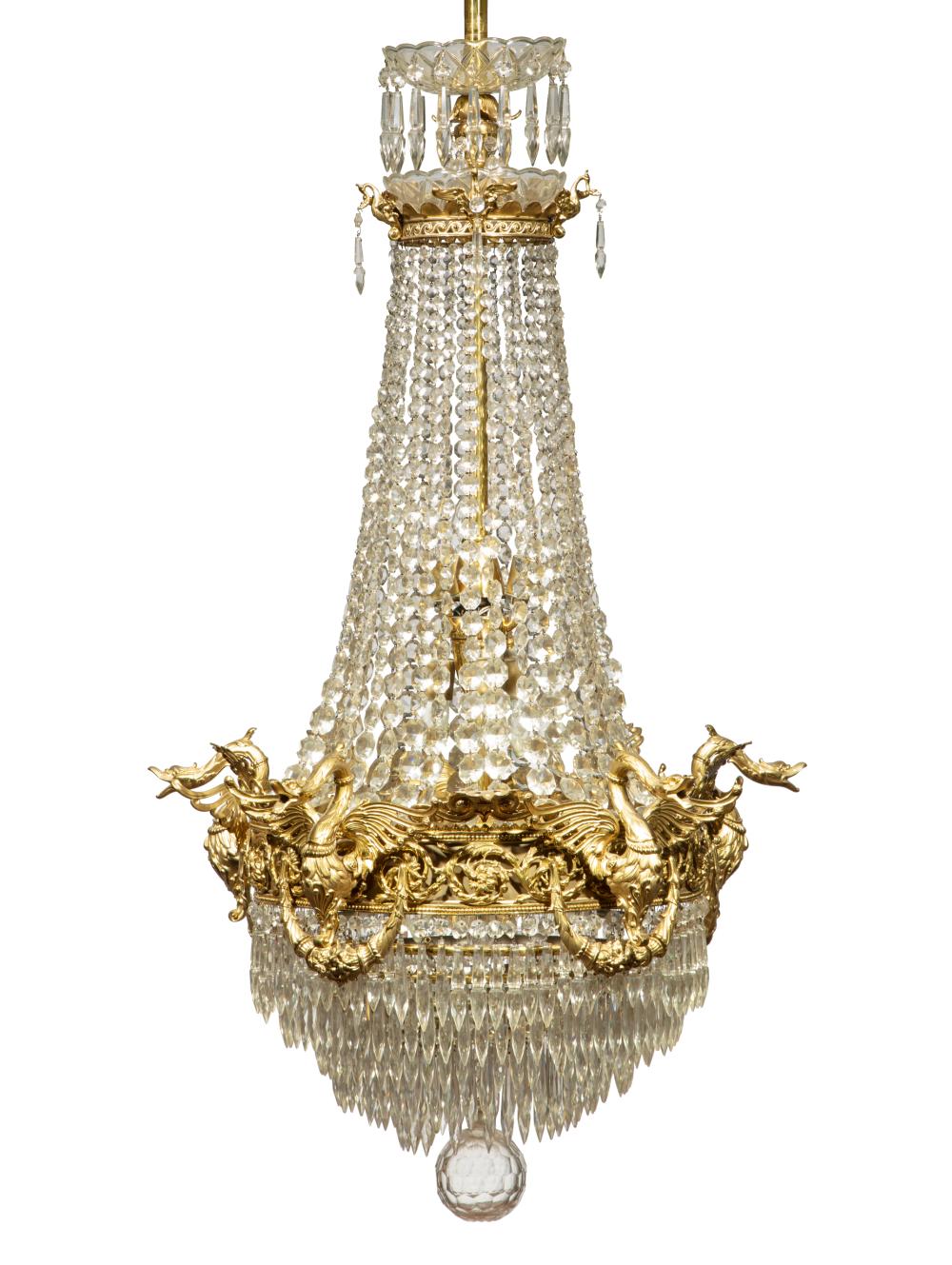 Appraisal: Neoclassical-Style Bronze and Cut Crystal Chandelier swan palmette and foliate