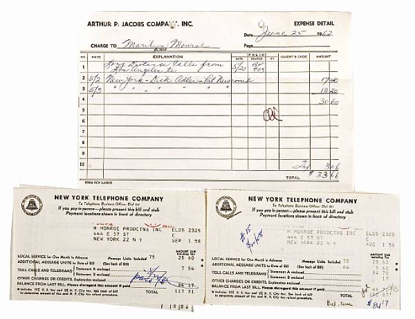 Appraisal: A Marilyn Monroe group of telephone bills Consisting of three