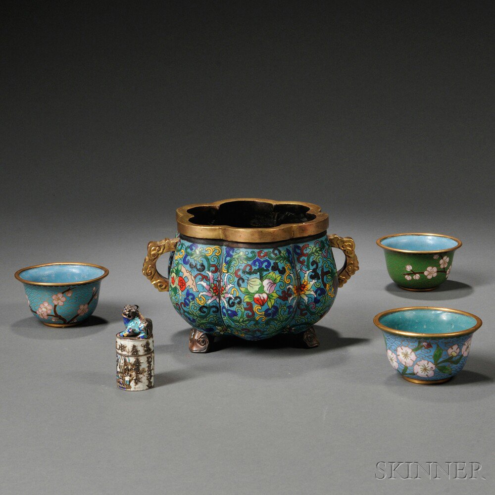 Appraisal: Five Cloisonne Items China th century a floriform tripod censer