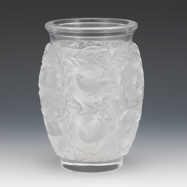 Appraisal: LALIQUE CLEAR AND FROSTED CRYSTAL VASE BAGATELLE PATTERN Rounded shape