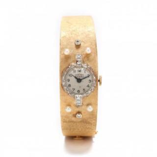 Appraisal: Vintage KT Gold Platinum Diamond and Pearl Bracelet Watch Lucien