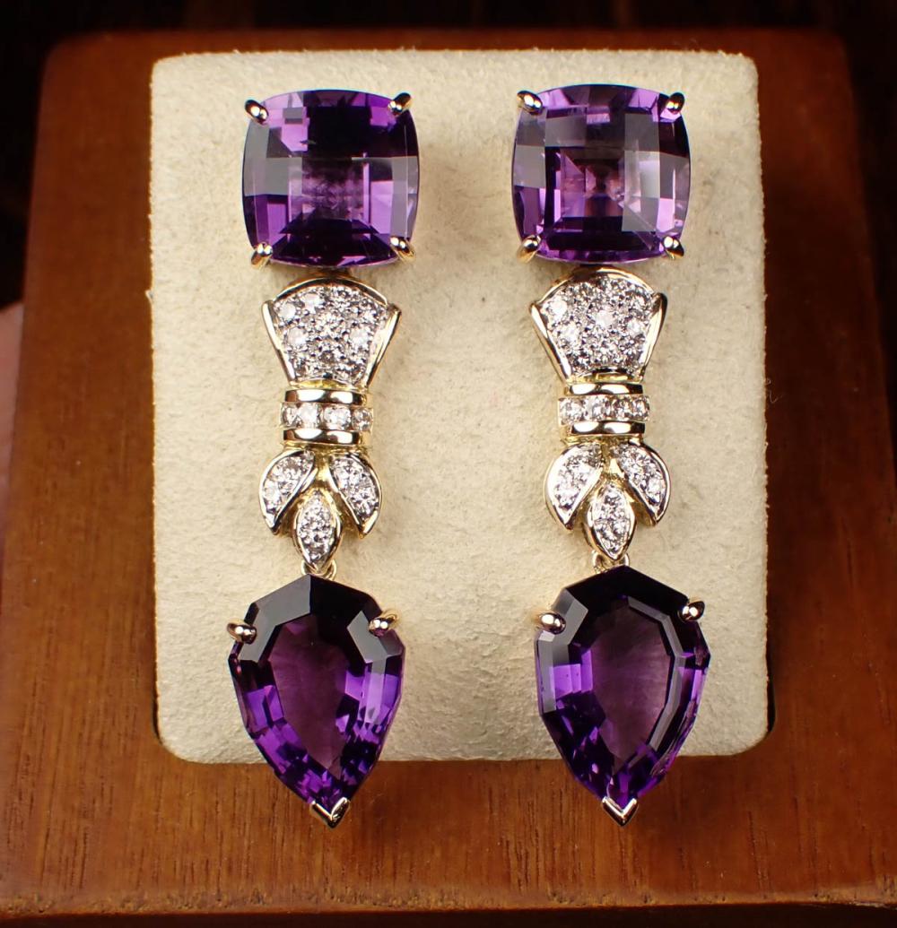 Appraisal: PAIR OF AMETHYST AND DIAMOND DROP EARRINGS each k yellow