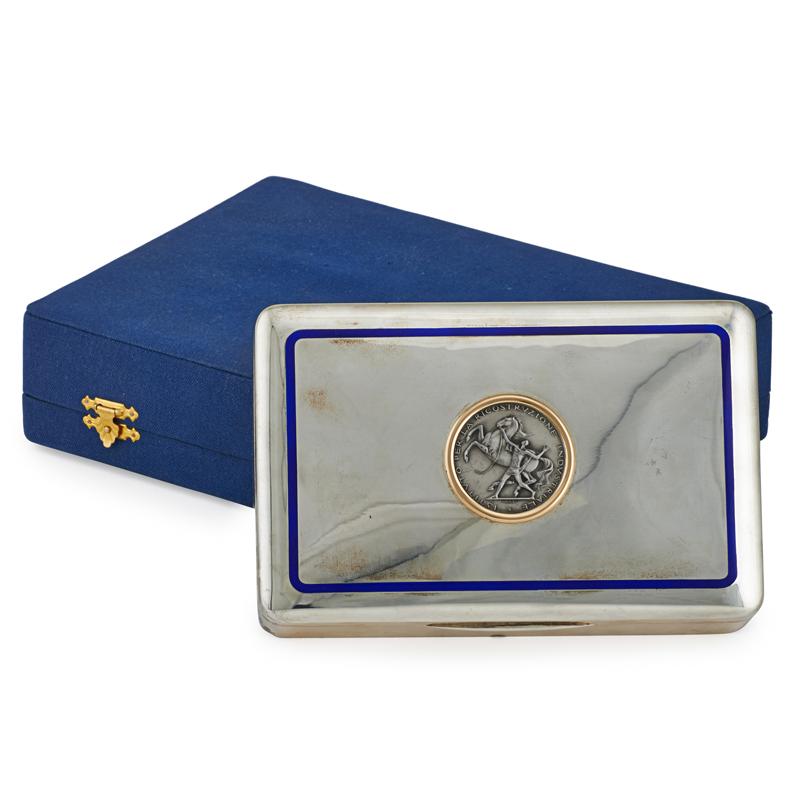 Appraisal: GIUSEPPE PETOCHI STERLING SILVER BOX Enamel border inset with medalion