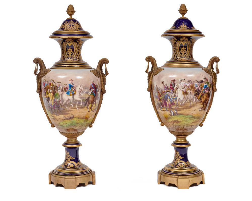 Appraisal: Pair of Sevres Porcelain Ormolu Mounted Covered Vases late th