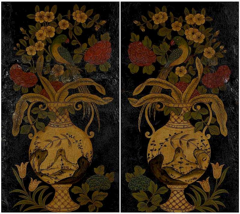 Appraisal: Two th Century Flemish Painted Leather Panels Parrots with Flowers