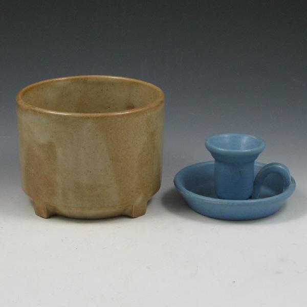 Appraisal: Denver White Arts Crafts footed bowl and matte blue candleholder