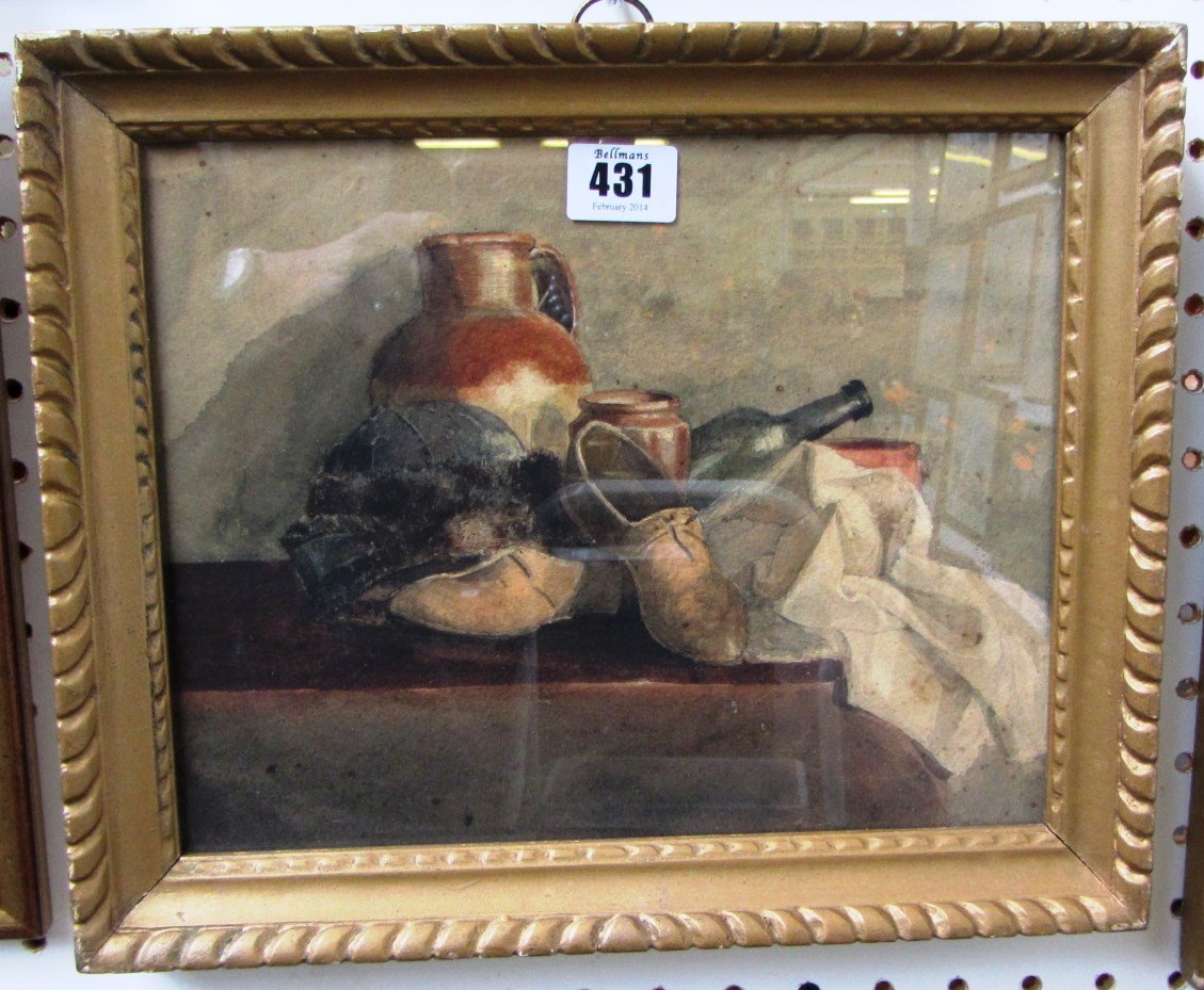 Appraisal: English School th century Still life of hat shoes jug