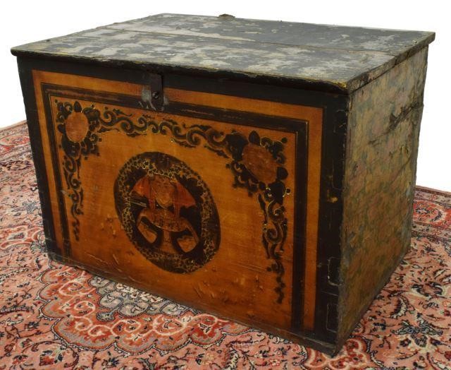 Appraisal: Mongolian painted wood storage trunk having round figural reserve to