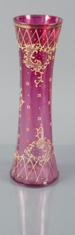 Appraisal: Moser Bohemian Cranberry Cylinder VaseDecorated with enameled scrolls against a