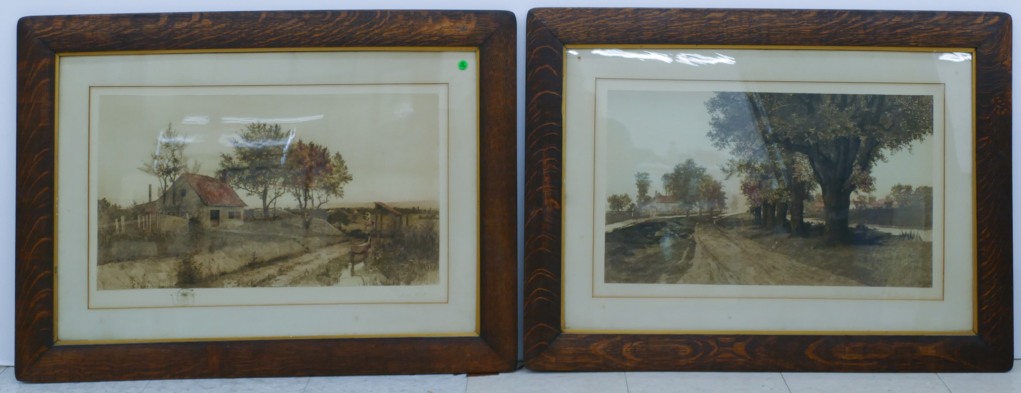 Appraisal: Pair Antique Ernest Rost Landscape Etchings Oak Framed ''x ''