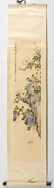 Appraisal: Chinese Scroll Painting Chinese a watercolor on paper depicting birds