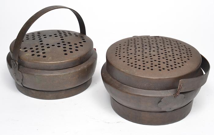 Appraisal: TWO METAL CHINESE HEATERS WITH PIERCED LIDS D X H