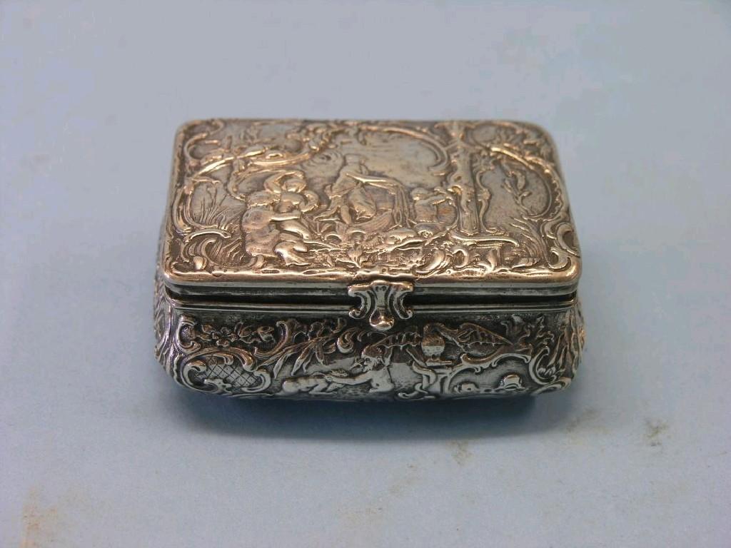 Appraisal: A Dutch silver box embossed with figural allegory and C-scrolls