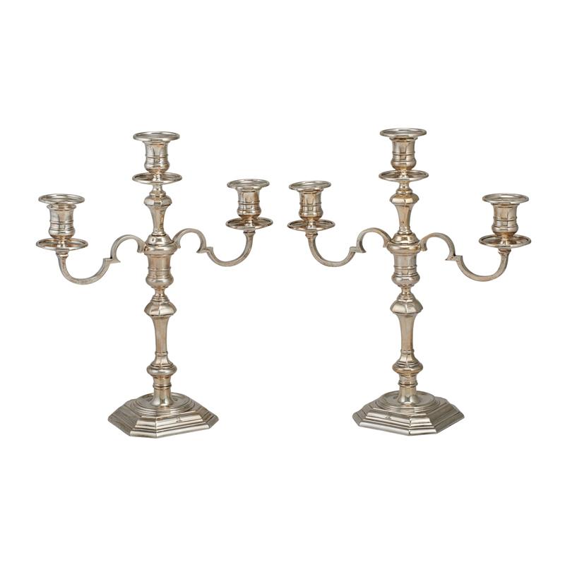 Appraisal: PAIR OF ENGLISH STERLING CANDELABRA Three branches detach convert to