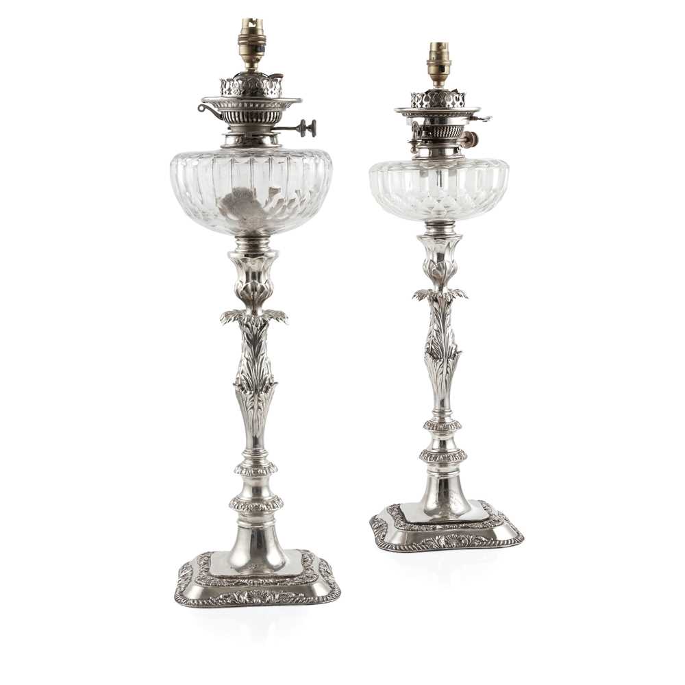 Appraisal: TWO LARGE EDWARDIAN PARAFFIN LAMPS Martin and Hunt Sheffield with