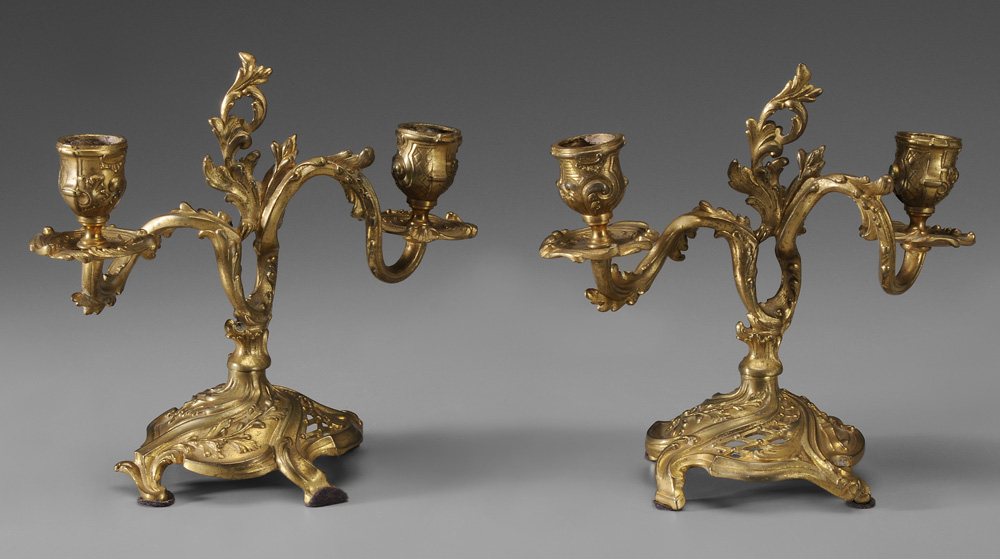 Appraisal: Pair Gilt Bronze Rococo Candelabra French th century each with