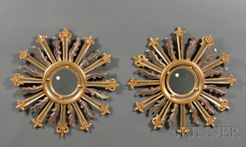 Appraisal: Pair of Gilded and Painted Wood Sunburst-form Mirrors Continental th