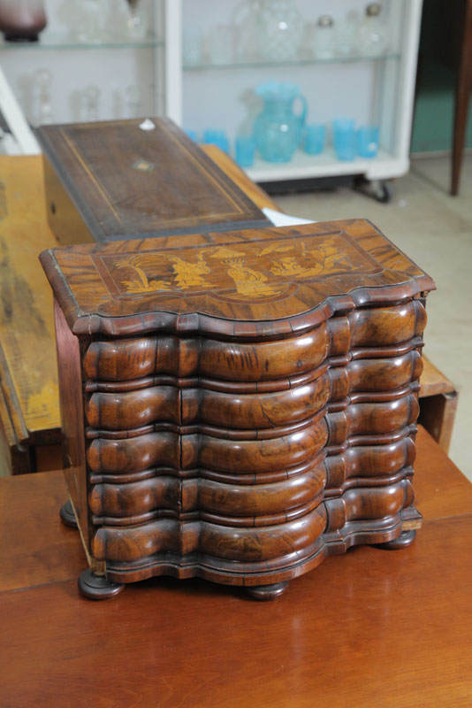 Appraisal: JEWELRY BOX Bowfront rosewood veneered box with inlay depicting people