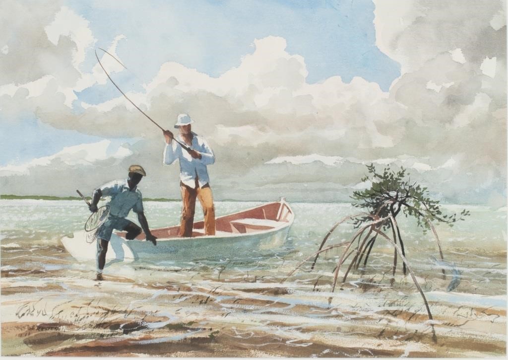 Appraisal: Netting the Catch signed Reneson lower left watercolor by in