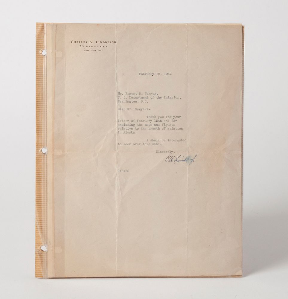 Appraisal: Lindbergh Letter Dated February with Clear Signature Lindbergh letter typed