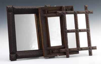 Appraisal: Three Tramp Art Framed Wall Mirrors Traditional vintage Tramp Art