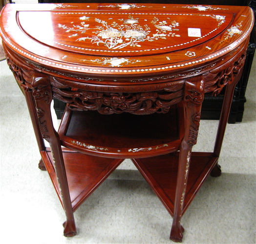 Appraisal: CHINESE INLAID ROSEWOOD CONSOLE TABLE of demilune shape the top