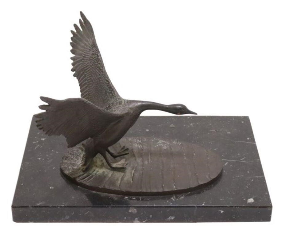 Appraisal: Patinated bronze wildlife sculpture Goose signed Paul Tadlock Paul Everett