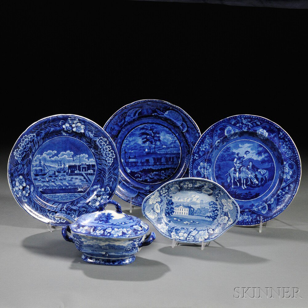 Appraisal: Six Blue Transfer-decorated Staffordshire Pottery Table Items England early th