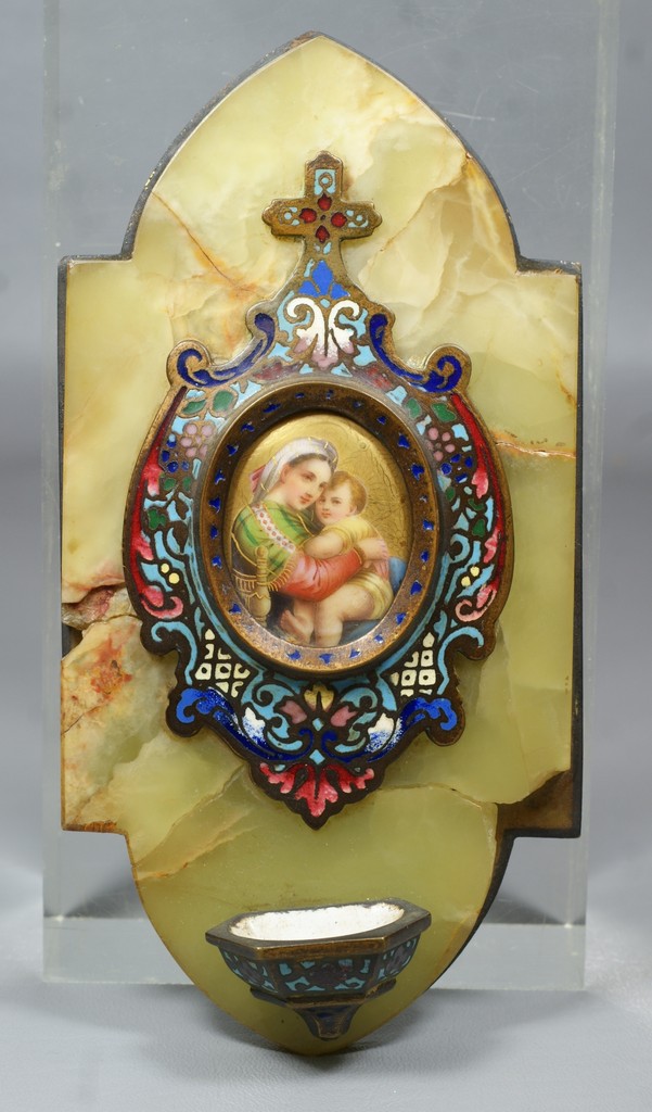 Appraisal: Champlev mounted green agate holy water font oval HP portrait