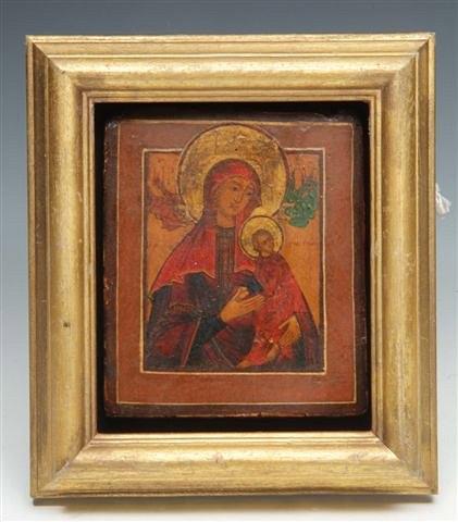 Appraisal: A RUSSIAN ORTHODOX PAINTED PANEL decorated the Virgin Mother and