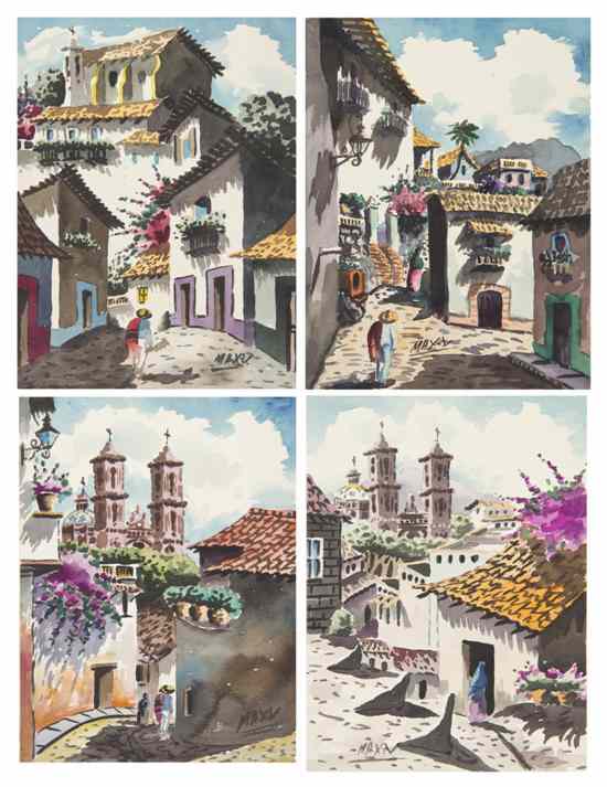 Appraisal: A Group of Four Watercolors each depicting Latin American cityscapes