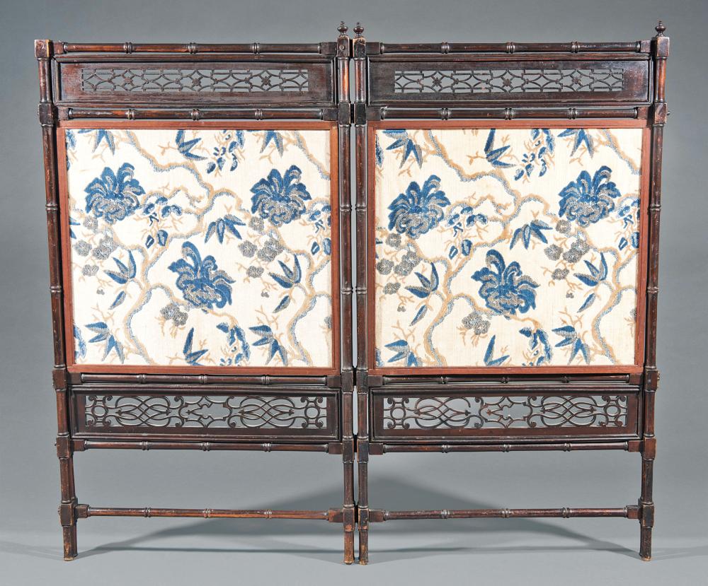 Appraisal: Aesthetic Movement Ebonized Two-Part Screen late th c bamboo-turned frame