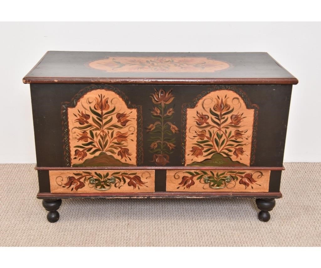 Appraisal: Painted dower chest decorated with potted tulips and tombstones c