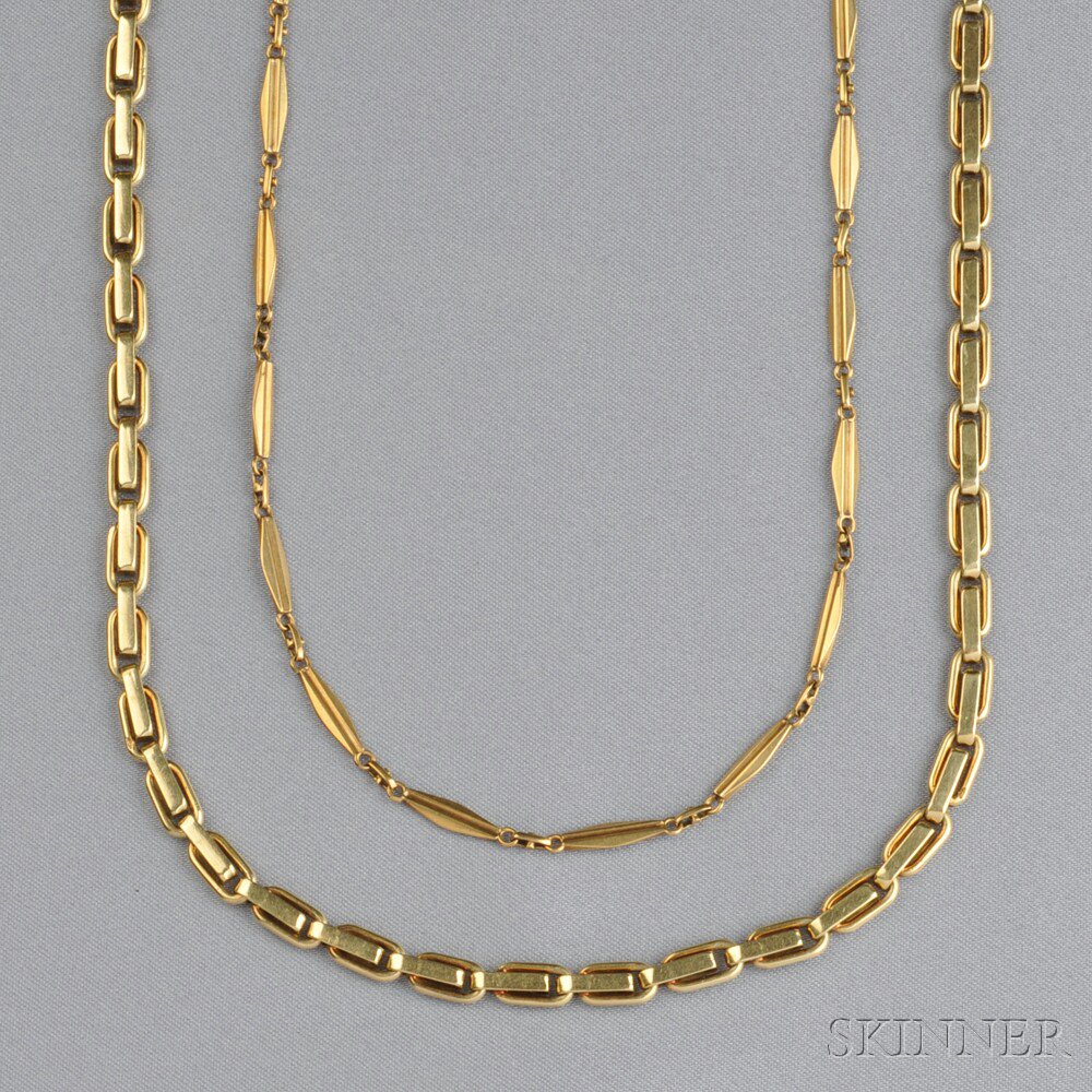 Appraisal: Two kt Gold Watch Chains Austria of navette or flattened