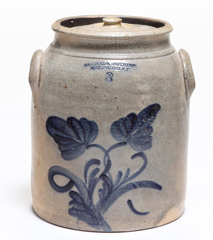 Appraisal: AMERICAN BALLARD STONEWARE CROCK Second half th century Lidded applied