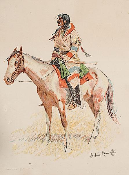 Appraisal: FREDERIC REMINGTON AMERICAN - Mounted American Indianchromolithograph on papersigned as