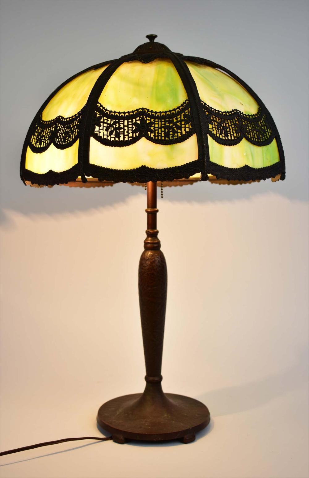 Appraisal: AMERICAN SLAG GLASS PATINATED BRONZE TABLE LAMP to The domed