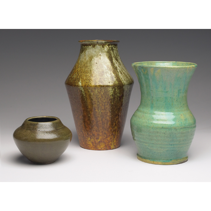 Appraisal: North Carolina vases three all covered in multi-toned green glazes