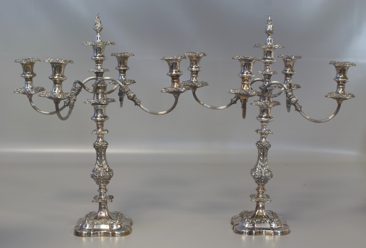 Appraisal: Pr Sheffield plated silver branch candelabra high unmarked