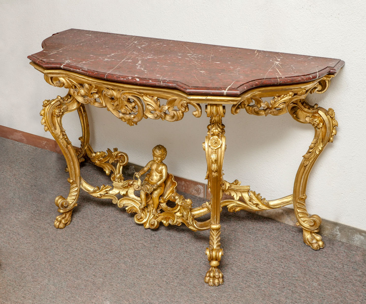 Appraisal: EARLY FRENCH GILTWOOD MARBLE TOP CONSOLE TABLE Perhaps th C