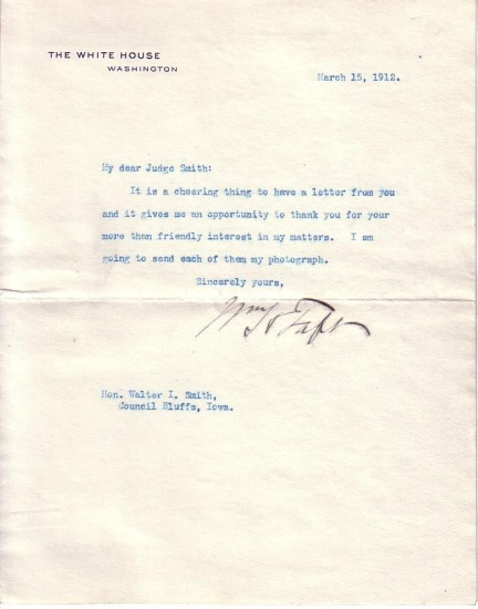 Appraisal: TAFT WILLIAM HOWARD Brief Typed Letter Signed WmHTaft as President