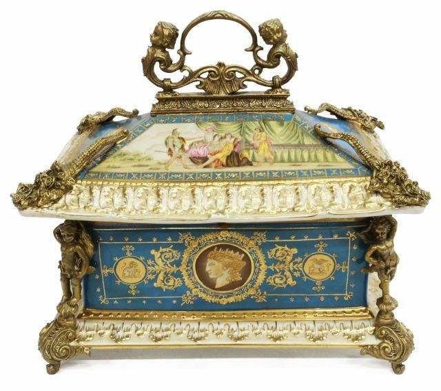 Appraisal: Sevres style porcelain jewelry casket th c having sarcophagus-form lid