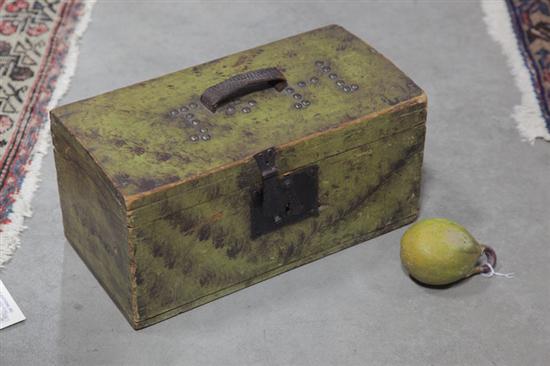 Appraisal: A GREEN PAINT DECORATED BOX AND A POTTERY FRUIT BANK