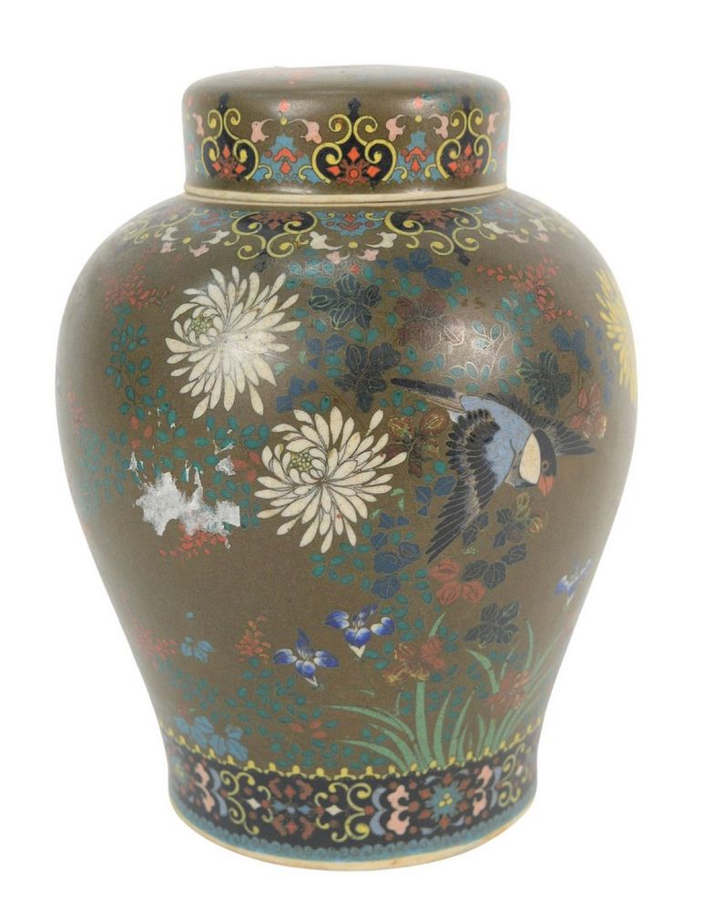 Appraisal: Chinese Cloisonne Porcelain Jar with cover having enameled wild flowers