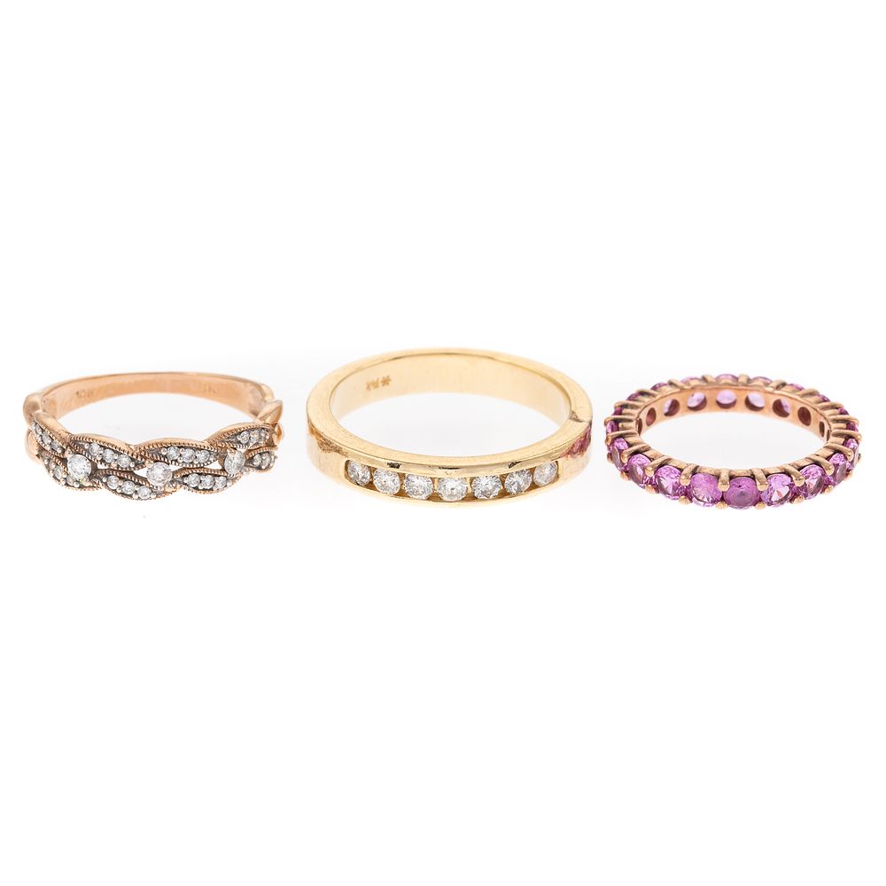 Appraisal: A Trio of Diamond Gemstone Bands in Gold K yellow