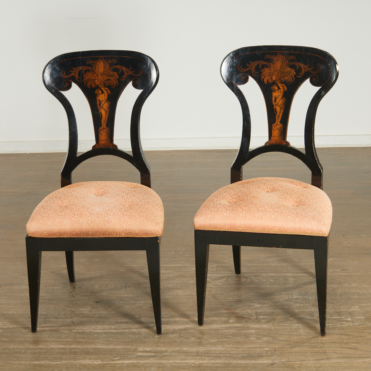 Appraisal: PAIR BIEDERMEIER PENWORK LACQUER SIDE CHAIRS th c the openwork