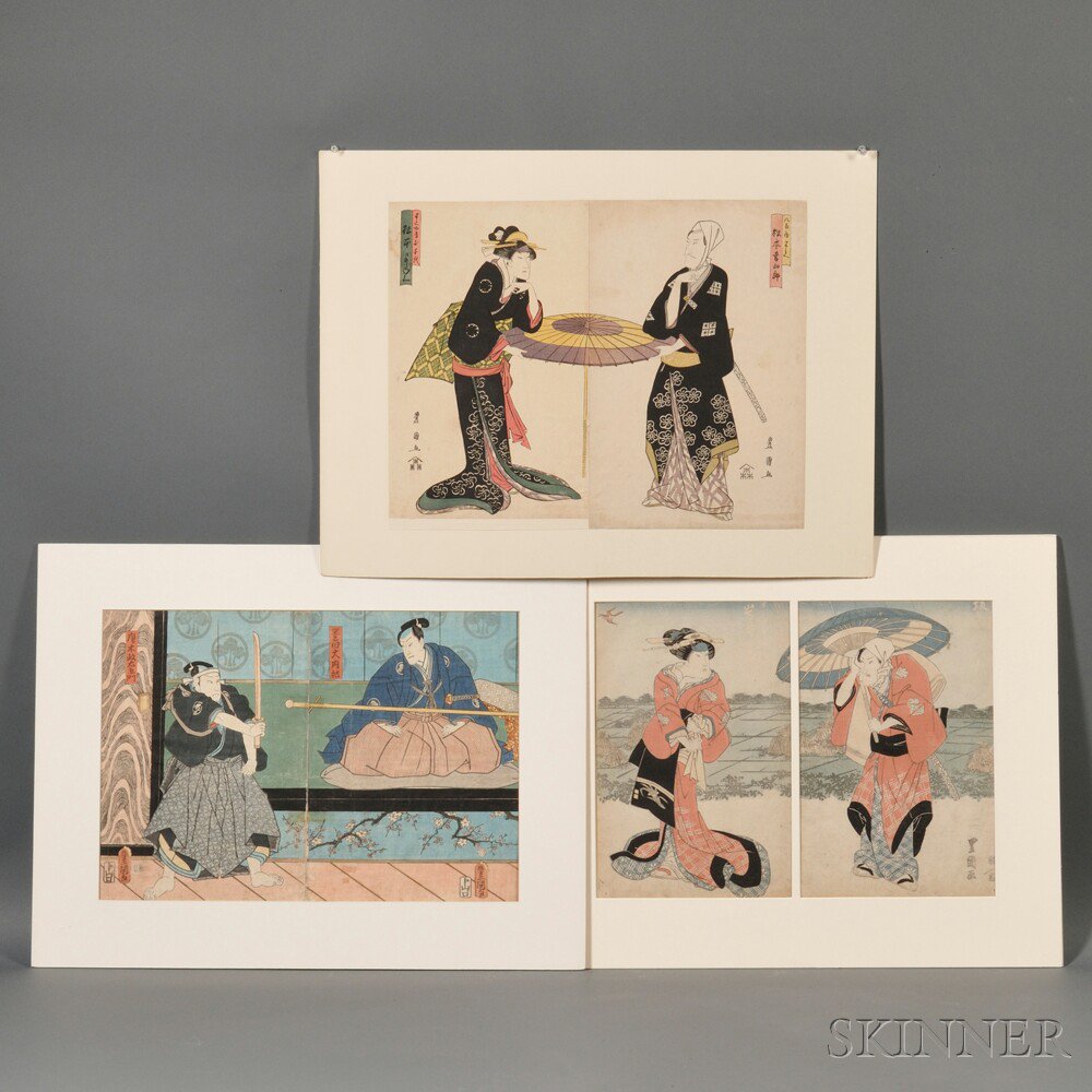 Appraisal: Three Woodblock Diptychs Japan Toyokuni III - a woman with