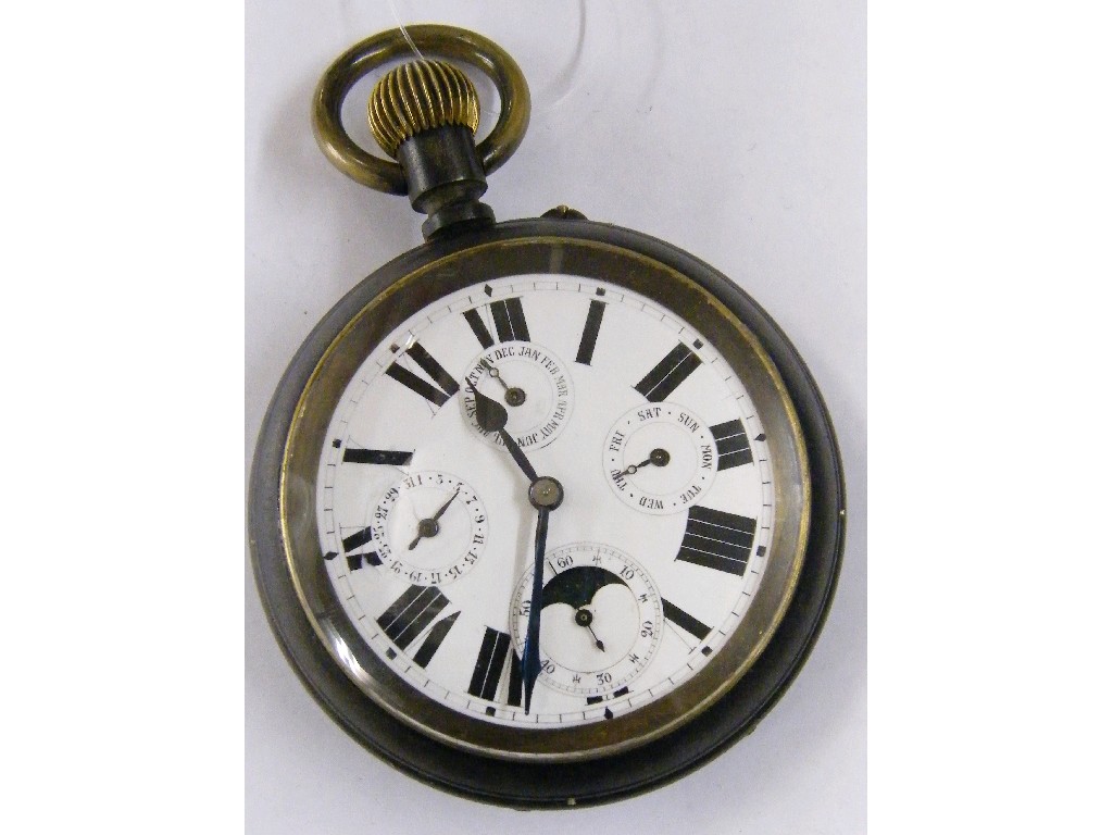 Appraisal: Swiss Goliath gunmetal lever calendar pocket watch the white dial