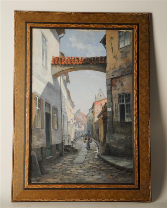 Appraisal: K Kruger Continental School Depiction of Cobblestone Street Scene Watercolor