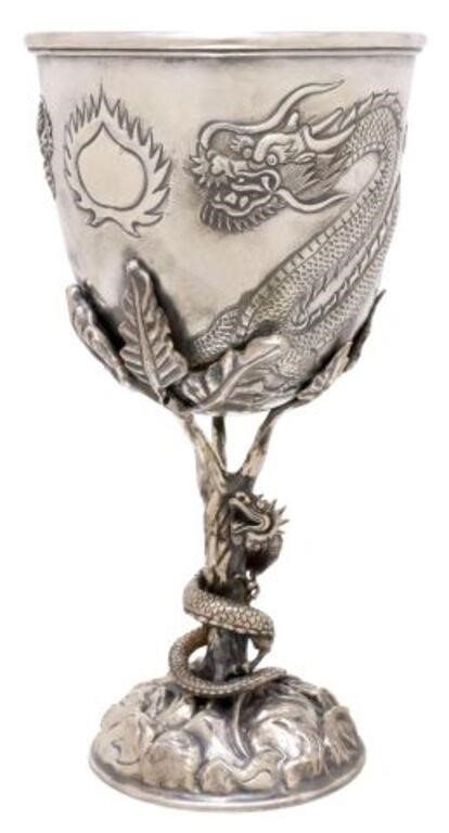 Appraisal: Chinese Export silver goblet hammered bowl with repousse dragons pursuing